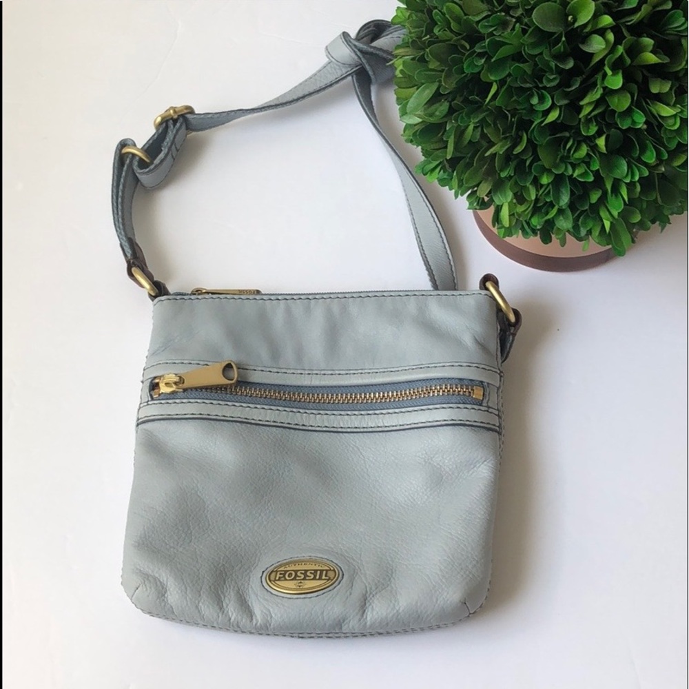 Fossil Light Gray Leather Crossbody Bag with Gold Hardware